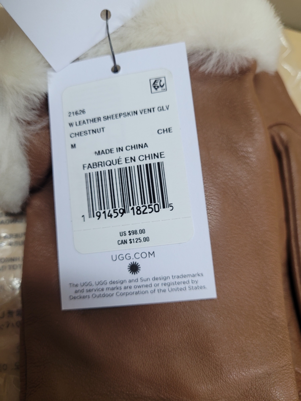 UGG Chestnut Leather Sheepskin Cuffs Lined Women's Vent Gloves NWT - Picture 5 of 10